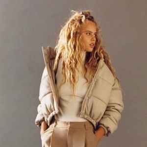 Zara beige faux leather puffer jacket